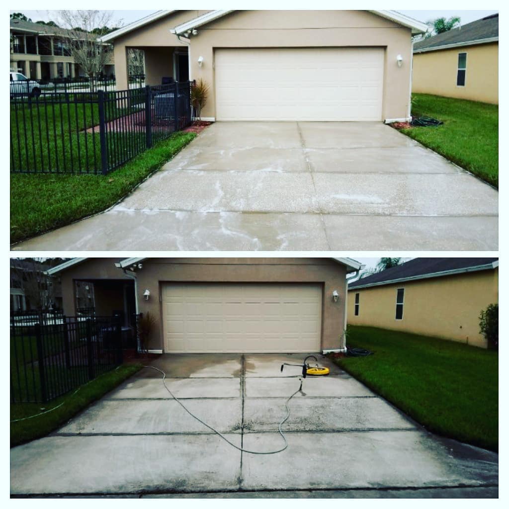 Driveway before and after pressure washing